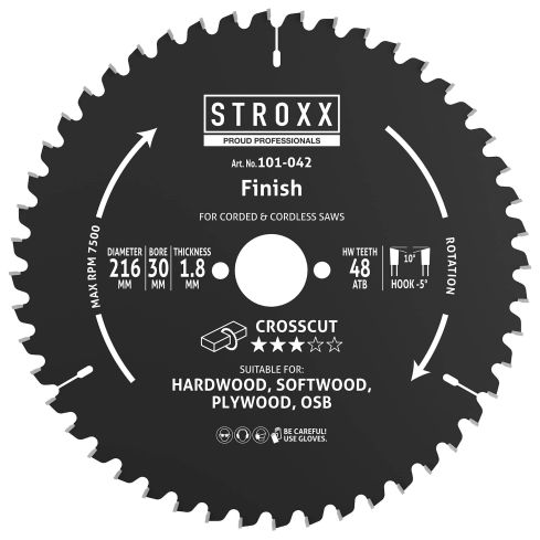 STROXX Kreissägeblatt NEG Holz Ø 216 mm, 48 Zähne, WZ, negativer Spannwinkel für feine Holzschnitte