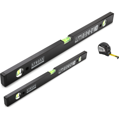 STROXX Wasserwaagenset – 80 cm & 180 cm Wasserwaage + 3 m Bandmaß, stoßfest & UV-beständig