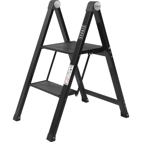 STROXX Trittleiter – 2-stufig, Aluminium, klappbar, schwarz beschichtet, 150 kg Tragkraft